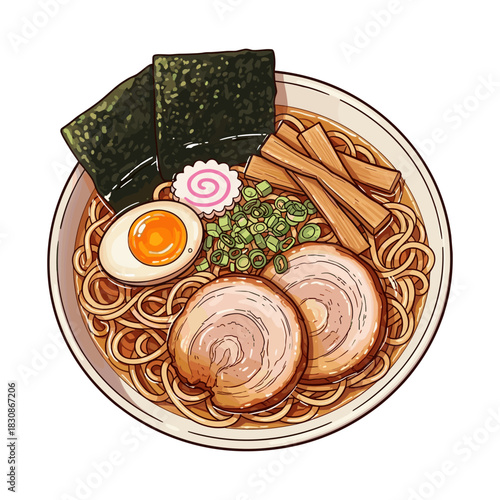 A detailed, hand-drawn illustration of a Japanese ramen noodle soup bowl with pork, egg, and other traditional toppings.