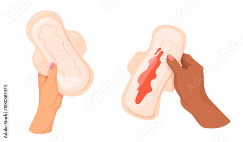 Hand holding sanitary pad. Woman hand hold clean or used pads with menstrual blood, feminine hygiene product menstruation period body care female health, neat vector illustration