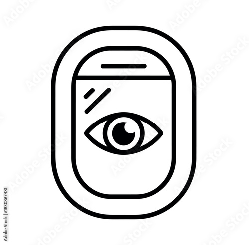 An eye looks out from an airplane window, symbolizing observation and travel.