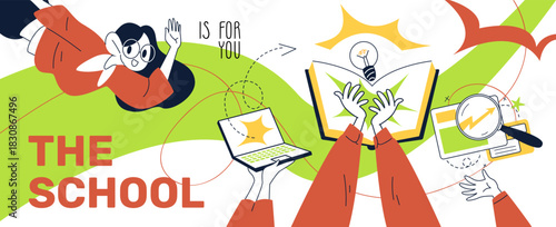 Online education banner. Internet school training, ebook study university web course distance learning science concept abstract line icon poster design classy vector illustration