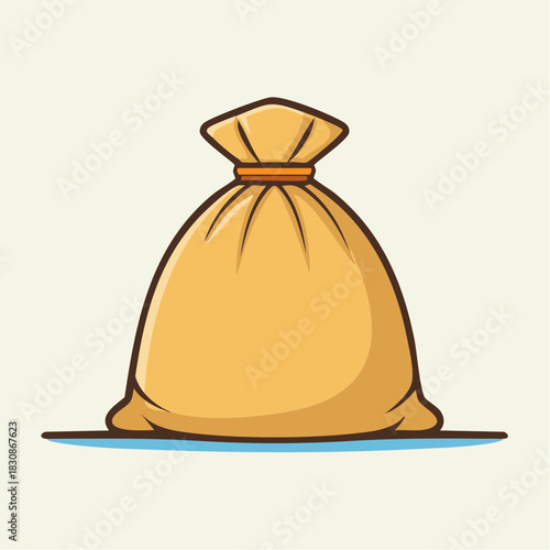 Yellow Fabric Bag Tied With Orange Rope Casting Shadow On Blue Surface Against Light Background