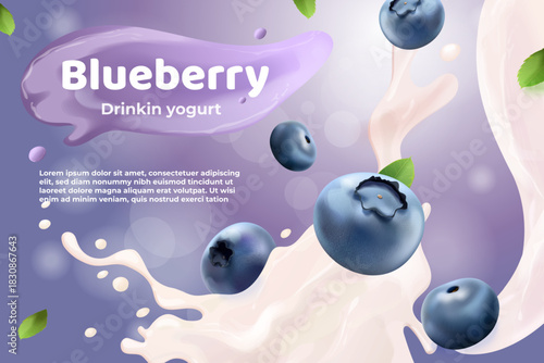 Blueberry yogurt. Realistic blueberries falling in cream milk splashes, yoghurt advertising banner smoothie fresh berry drink milkshake dairy product promotion vector illustration