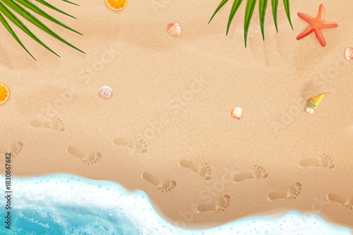 Footprints on sand. Realistic human footprint in sea beach, ocean shore top view above palm leaves summer time travel vacation background with water wave 3d vector illustration