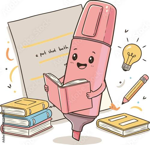 Cheerful highlighter character reading a book and sharing bright ideas in a fun learning scene