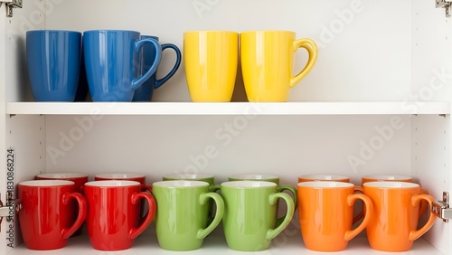 Colorful ceramic mugs neatly arranged on shelves inside a white kitchen cabinet