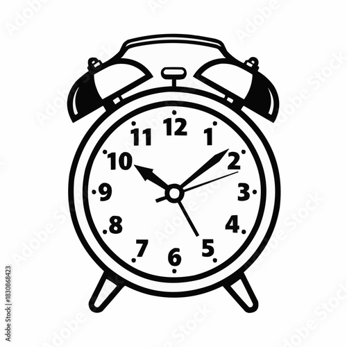 Alarm Clock Illustration - A Classic Timekeeping Device in Black and White.
