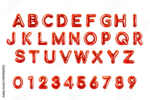 Red balloon alphabet. 3d letters bubble, realistic foil number abstract isolated baloon english text font sale or birthday party ballon typeface, isolated exact vector illustration