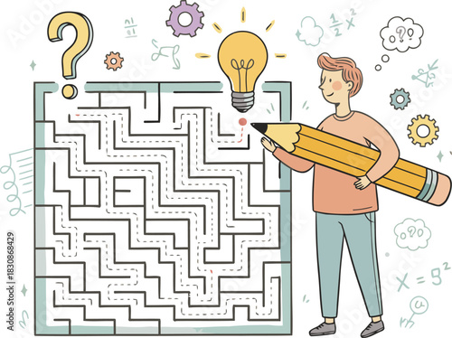 Young man finds a solution to the maze with a big pencil showing the path to creative idea