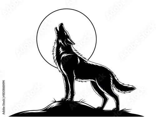 A silhouette of a wolf howling at a full moon atop a rocky hill.