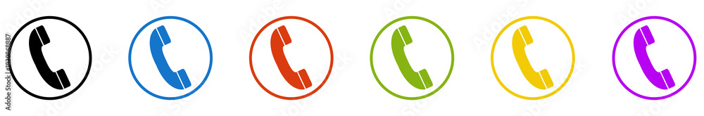 Obraz premium Banner mit 6 farbigen Icons im Kreis: Kontakt, Hotline oder Telefon