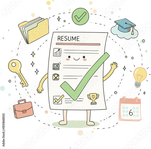 Animated resume character showcasing education skills and achievements for job application success