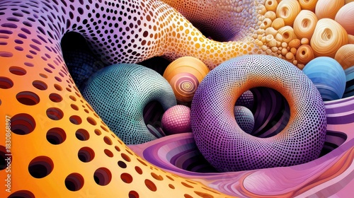 Fototapeta Naklejka Na Ścianę i Meble -  A vibrant and surreal digital artwork featuring a complex arrangement of abstract 3D shapes, including perforated tunnels, spheres, and torus forms, all rendere