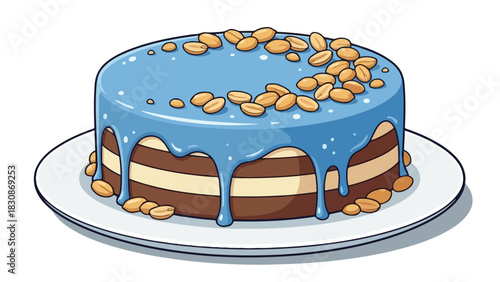 Delicious layered cake with blue glaze and peanuts on a white plate.