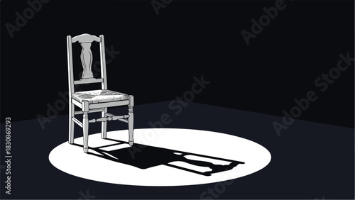 A solitary chair illuminated by a spotlight in a dark room.