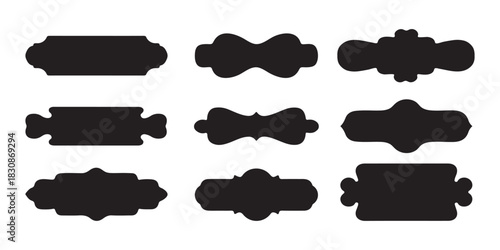 Collection of ornate black silhouette labels and frames for graphic design projects and decorative use. Vector art.