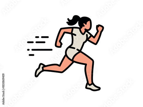A determined woman with her hair in a ponytail runs with focused intensity, her body in motion.