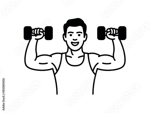 A man exercises by lifting dumbbells above his head in a fitness activity.