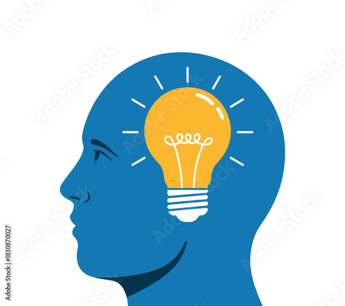 A bright idea illuminates the silhouette of a human head, symbolizing inspiration and creativity.