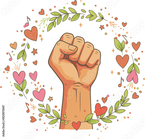 Empower yourself with a symbol of strength courage and love surrounded by hearts and musical notes