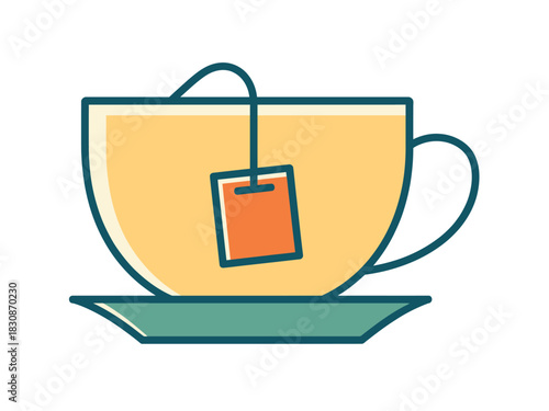 A simple illustration of a cup of tea with a tea bag steeping, presented on a saucer against a white background.