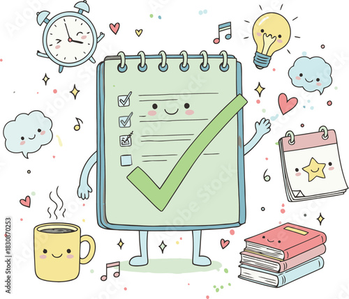 Adorable smiling checklist with cute characters making tasks fun and manageable for planning success