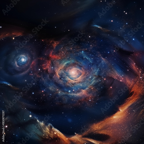 A vibrant blue and red nebula in outer space with numerous shining stars and dust clouds