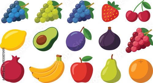 Mega Colorful Fruit Vector Collection Set Featuring Grapes, Strawberry, Cherries, Lemon, Avocado, Plum, Fig, Pomegranate, Banana, Apple, and Pear.