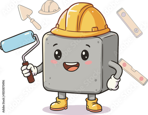 Adorable worker cube is painting happiness on architecture with a roller tool for construction