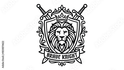 Brave Knight Lion Crest with Swords and Crown Emblem.