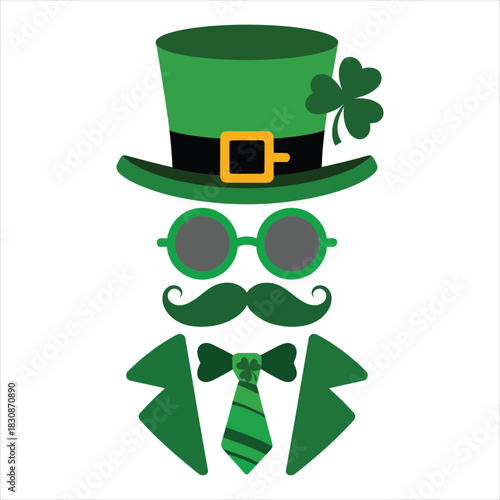Saint Patricks Day illustration with green hat mustache glasses and tie