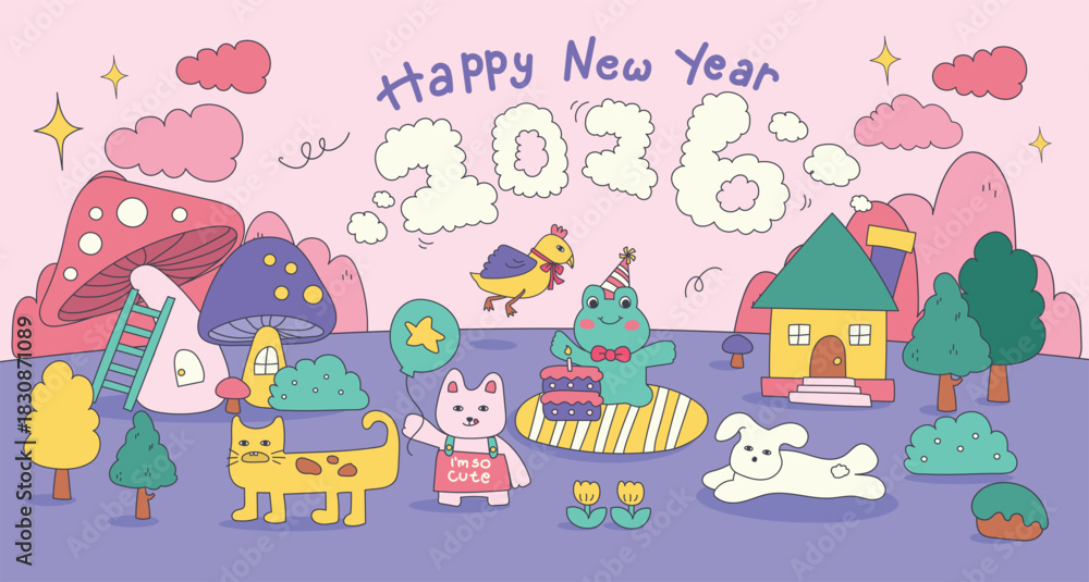 Fototapeta premium Cute Happy New Year 2026 Illustration Banner Design. Adorable Pastel Colored New Year scenes Featuring Cute Animals. Perfect for Greeting cards, social media posts, wall prints, and calendars