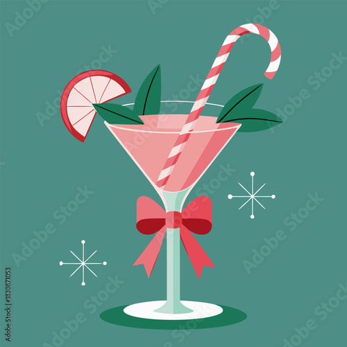 A stylized illustration of a pink cocktail in a martini glass, adorned with a candy cane, citrus slice, and red bow against a teal background.