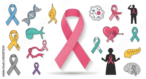 Cancer Awareness Icons on White – Health and Charity Symbols