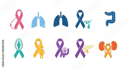 Cancer Awareness Icons on White – Health and Charity Symbol Set