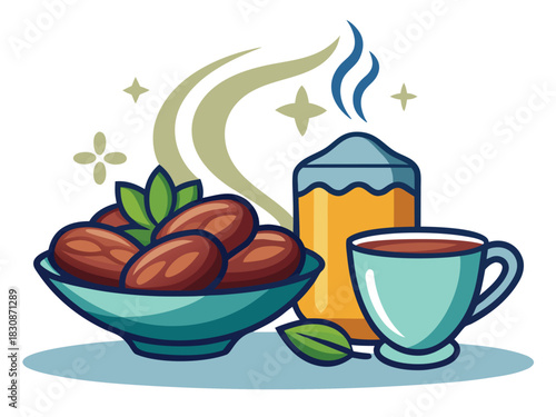 Bowl of Dates and Tea for Iftar Vector