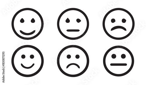 Collection of six outline emoticons illustrating different moods and feelings isolated on white background