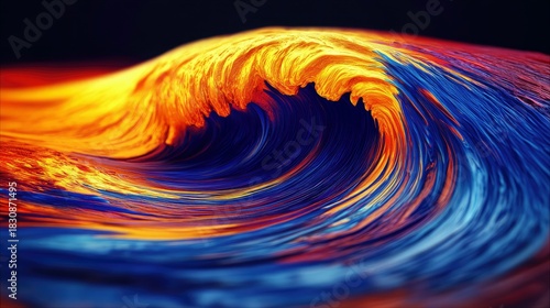 Fototapeta Naklejka Na Ścianę i Meble -  An abstract depiction of a wave crashing, rendered in vivid colors of orange, yellow, and blue, creating a dynamic and visually striking composition.