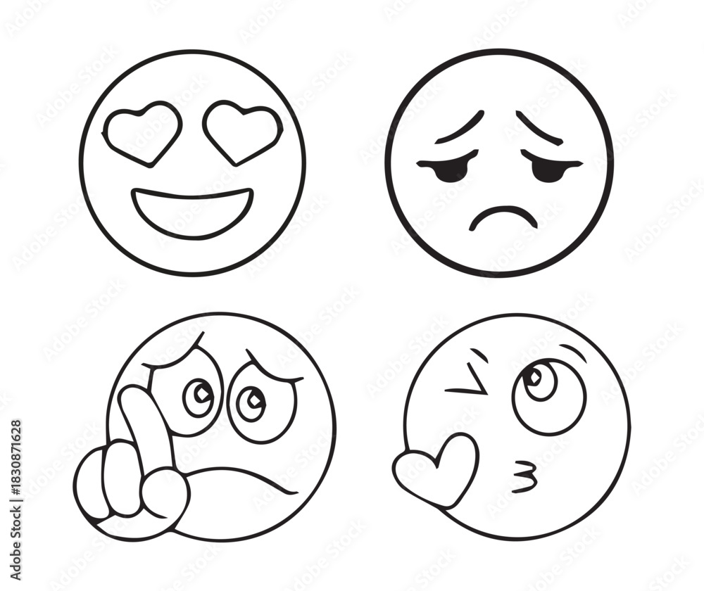 Fototapeta premium Set of 4 hand drawn emoticons isolated on white background, various emotions faces for social media app