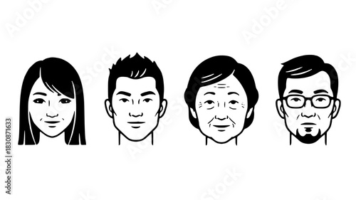 Diverse Asian family portraits showing generational differences in a modern line drawing