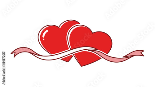Two intertwined red hearts with a pink ribbon flowing through them, symbolizing love and connection.
