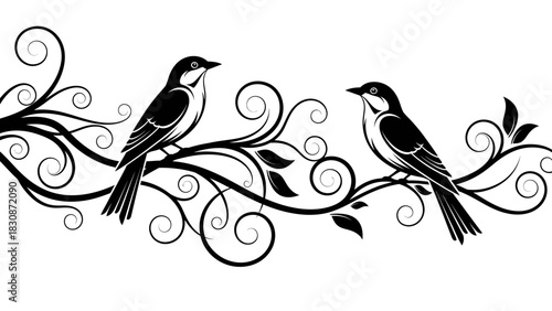 Black and white illustration of two birds perched on a decorative branch with swirling leaves.