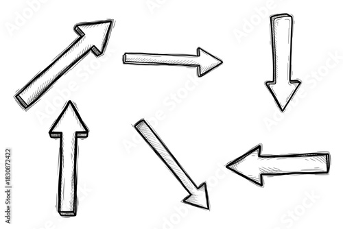 Doodle or hand drawn arrow icon set isolated on white background