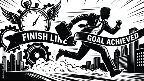 Businessman Running Towards Finish Line Achieving Goals.
