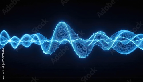 Luminous blue digital sound wave or signal flowing on a dark technology background with glowing particles