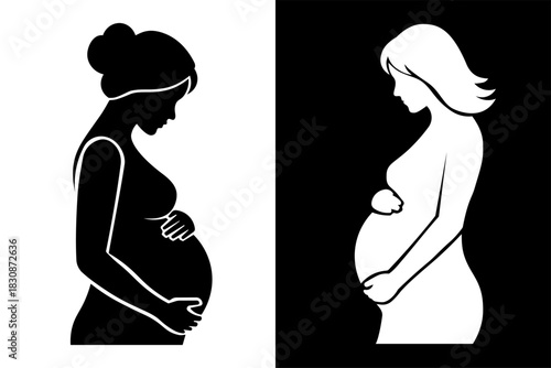 Pregnant woman silhouette set isolated on white & black background