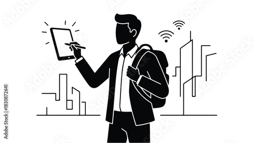 Businessman using tablet with stylus backpack and city background.