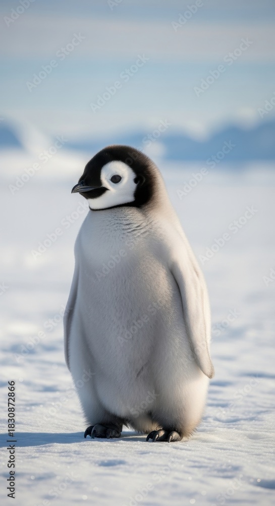 Fototapeta premium Adorable fluffy emperor penguin chick in snow