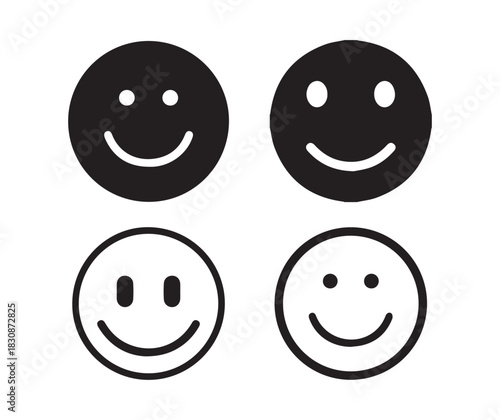 Collection of four smile faces in black and white styles depicting happiness and contentment