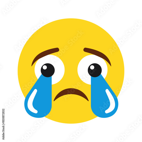 Upset emoji or emoticon with large tear isolated on white background