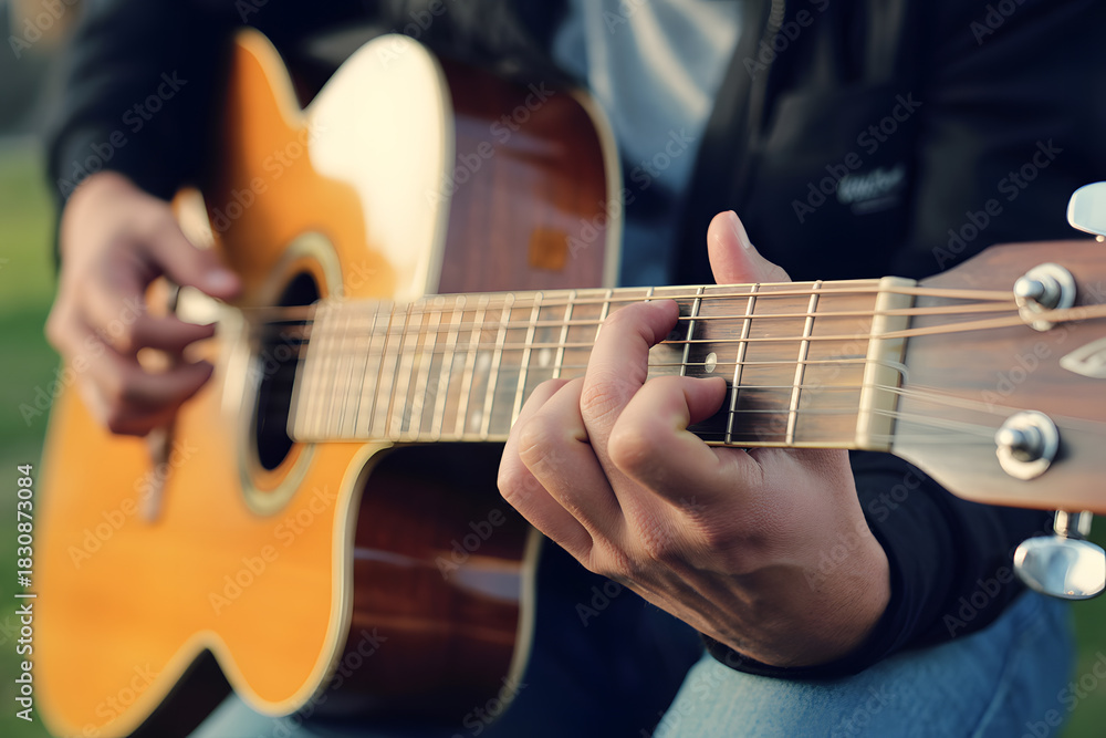 Fototapeta premium Close-up of hands playing an acoustic guitar, highlighting the fretboard and strings. Warm, vintage tones with a blurred background showcase the instrument's craftsmanship.
